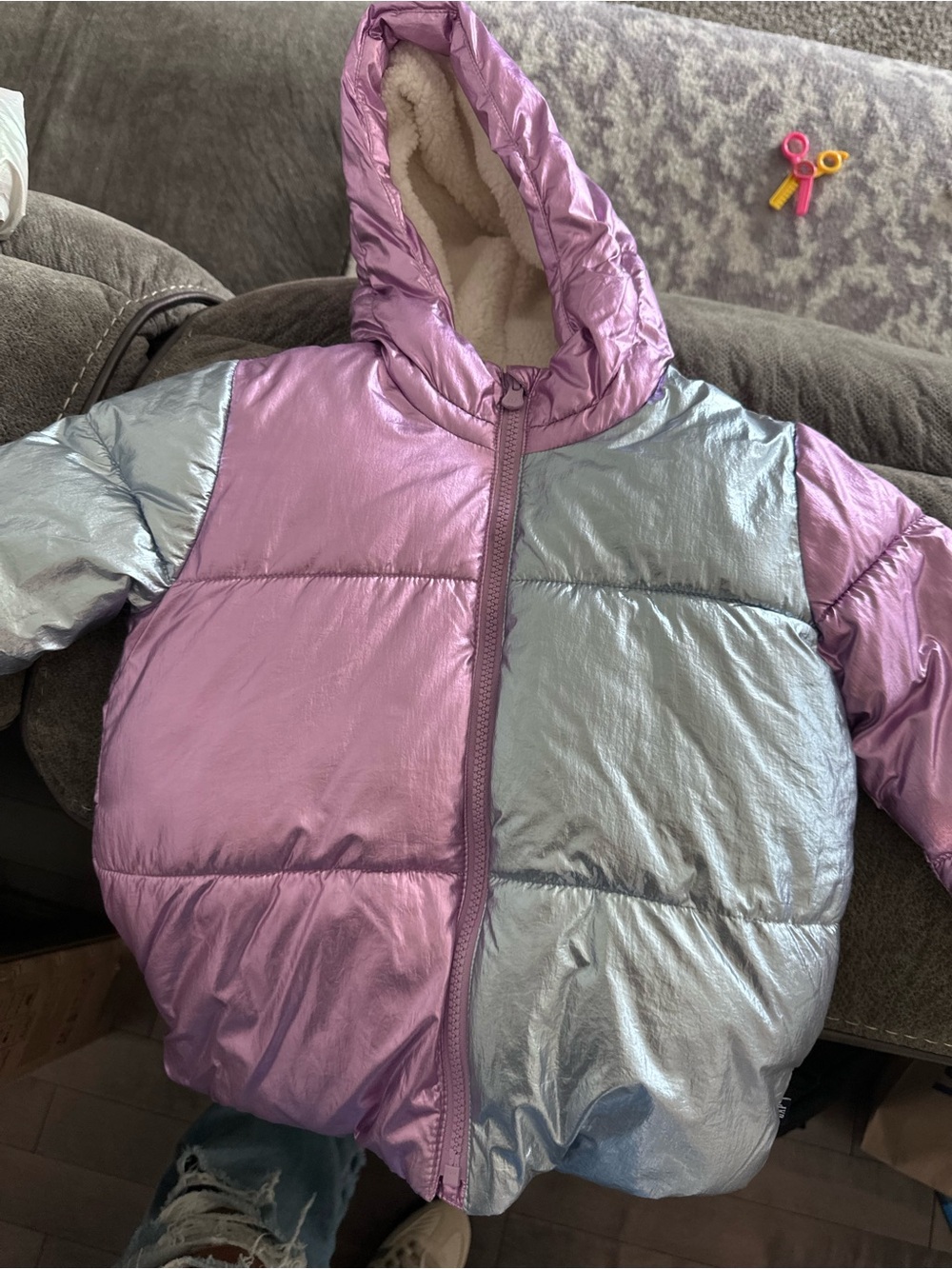 GAP Lavender and Silver Shiny Colorblock Hooded Puffer Jacket
